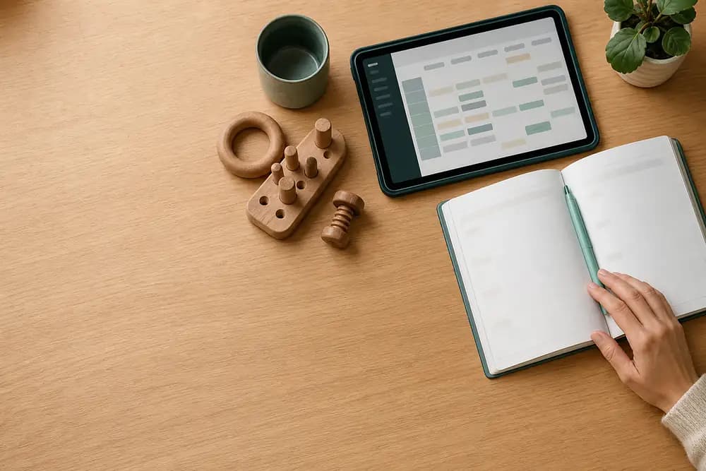 Aufgeräumter Schreibtisch mit Tablet, Terminplaner und Therapiematerial – Praxisorganisation für Heilmittelpraxen in Gelsenkirchen